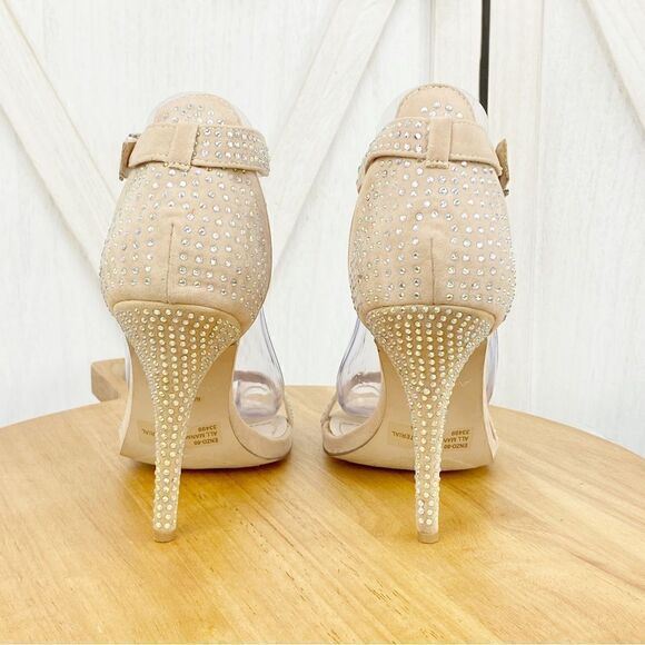 Anne Michelle Enzo Rhinestone Faux Suede Strappy Heels Tan Open Toe 7.5 - Picture 6 of 13